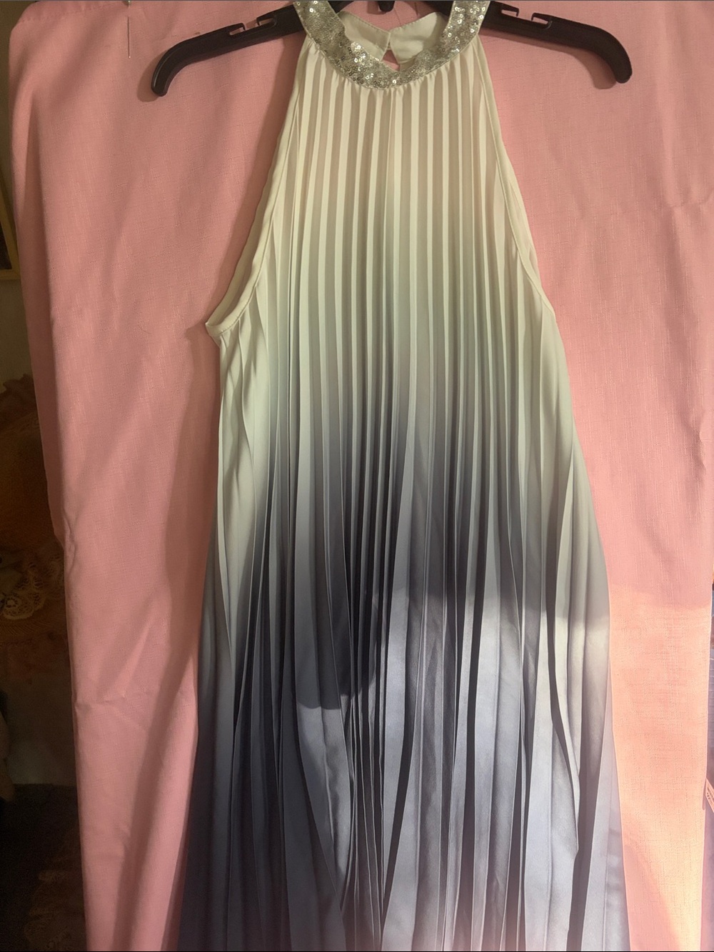 SHEIN White to Black Ombre Pleated Halter Dress with Sequin Neckline